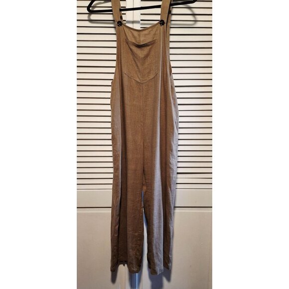 Lulu's Loose Fit Tan Linen Blend Overalls For Women With Adjustable Strap Button - Picture 4 of 10